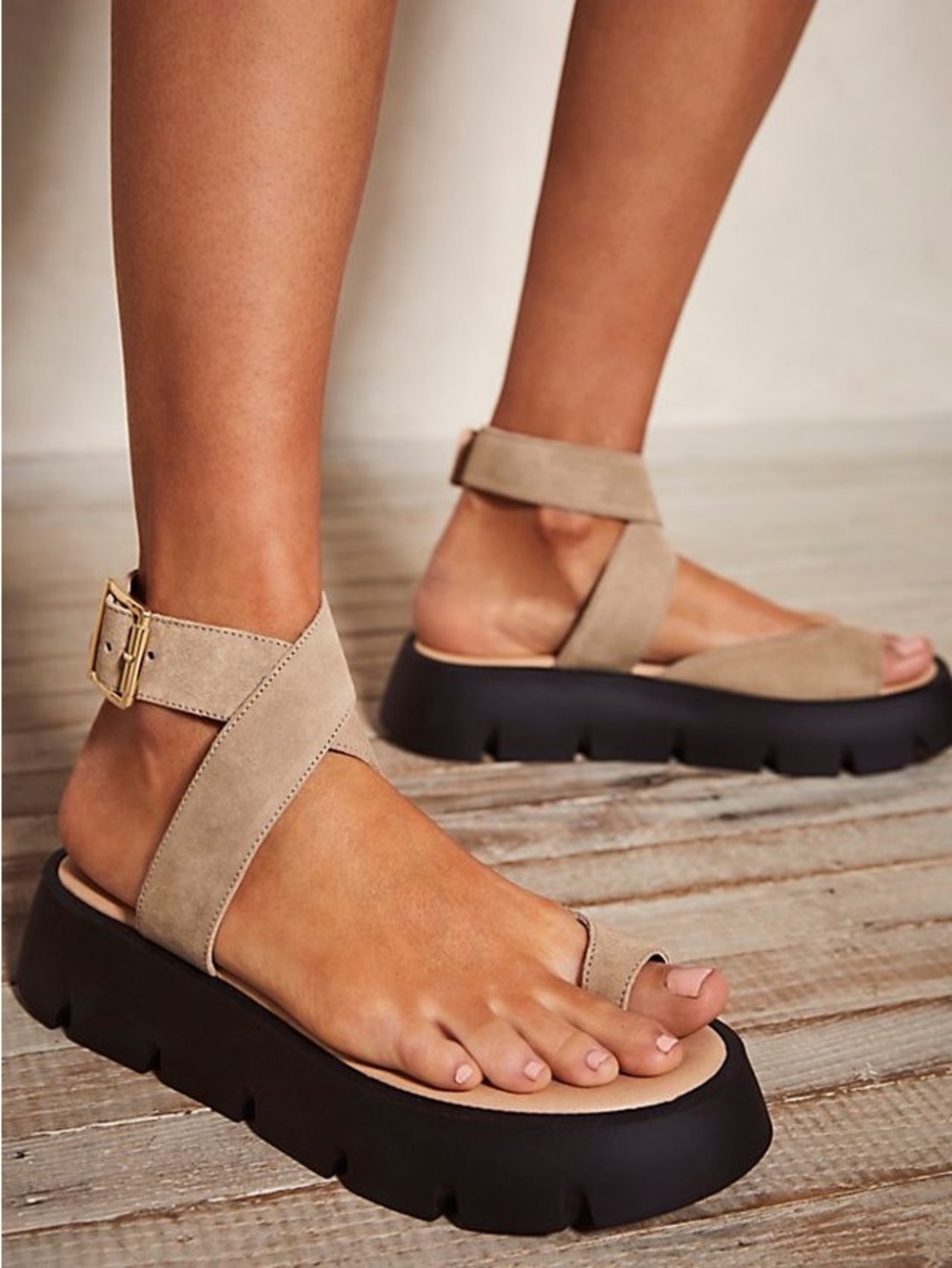 Free People Taupe Suede Ankle-Strap Platform Sandals with Black Lug Sole